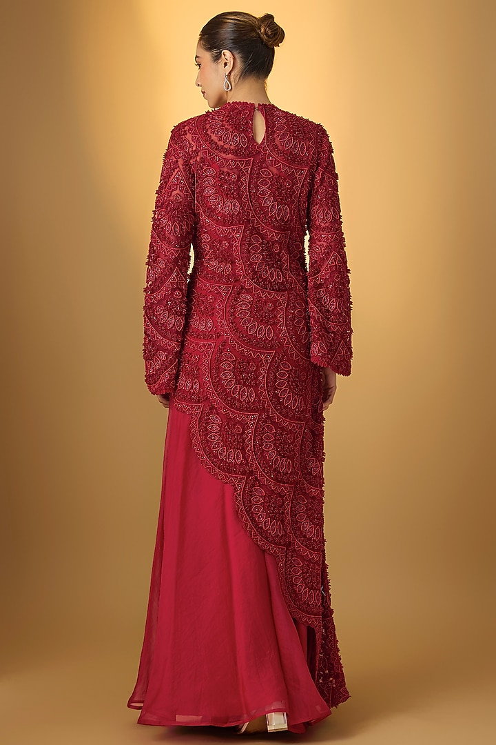 Red Organza Asymmetric Kurta Set by Ridhima Bhasin at Pernia's Pop Up Shop