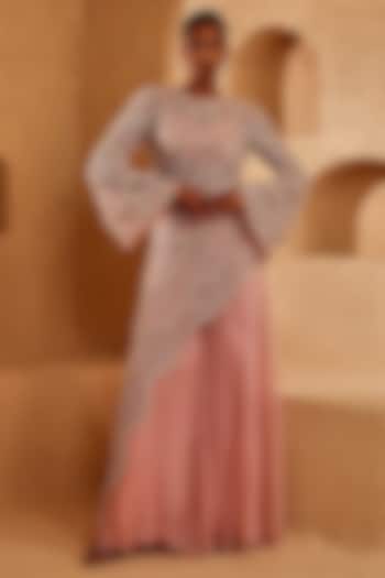 Light Pink Net Sequins Embroidered Asymmetrical Kurta Set by Ridhima Bhasin at Pernia's Pop Up Shop