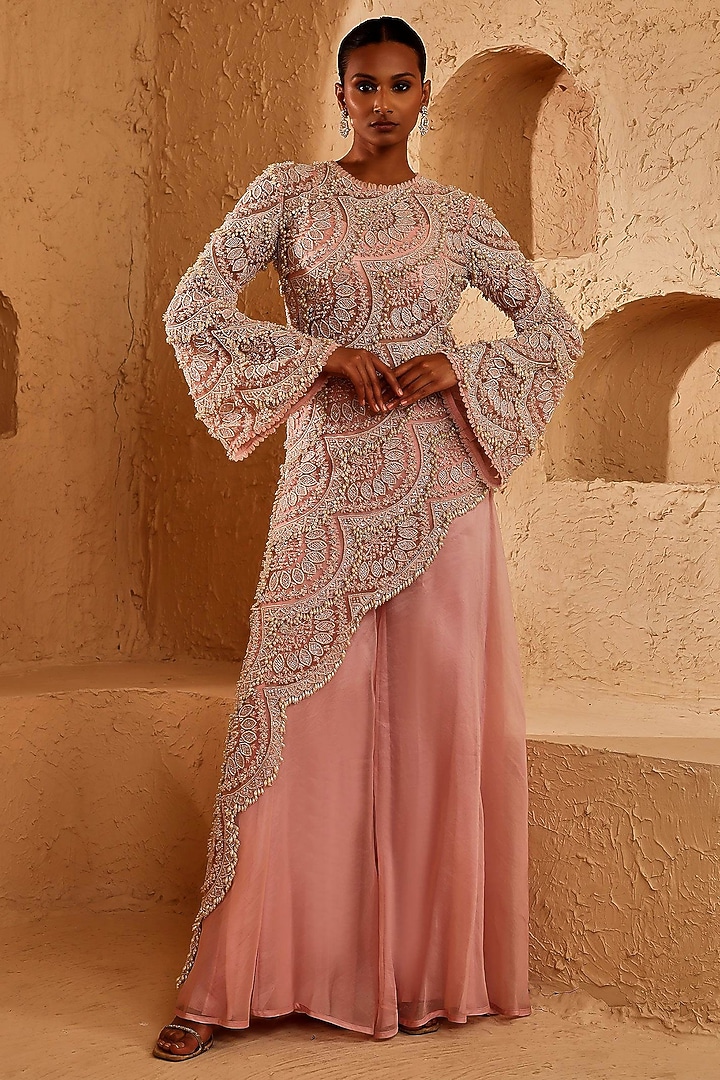 Light Pink Net Sequins Embroidered Asymmetrical Kurta Set by Ridhima Bhasin at Pernia's Pop Up Shop