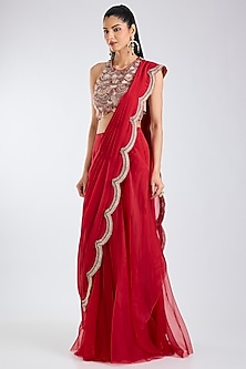 Red Flat Chiffon & Organza Scalloped Draped Saree Set by Ridhima Bhasin-POPULAR PRODUCTS AT STORE