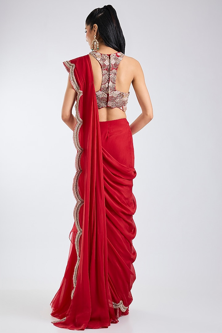 Red Flat Chiffon & Organza Scalloped Draped Reception Saree Set by Ridhima Bhasin at Pernia's Pop Up Shop