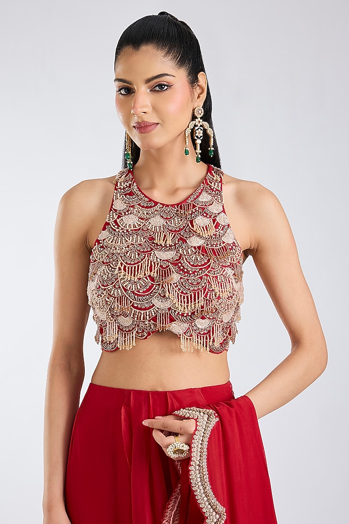 Red Flat Chiffon & Organza Scalloped Draped Reception Saree Set by Ridhima Bhasin at Pernia's Pop Up Shop