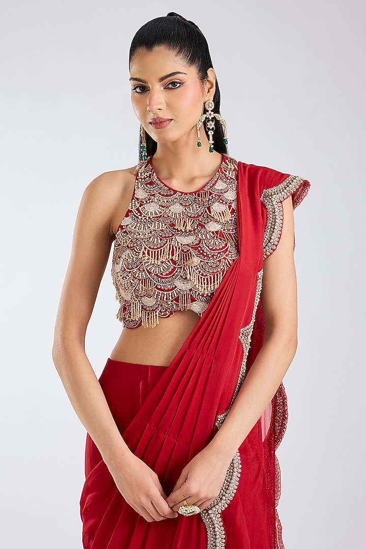 Red Flat Chiffon & Organza Scalloped Draped Reception Saree Set by Ridhima Bhasin at Pernia's Pop Up Shop