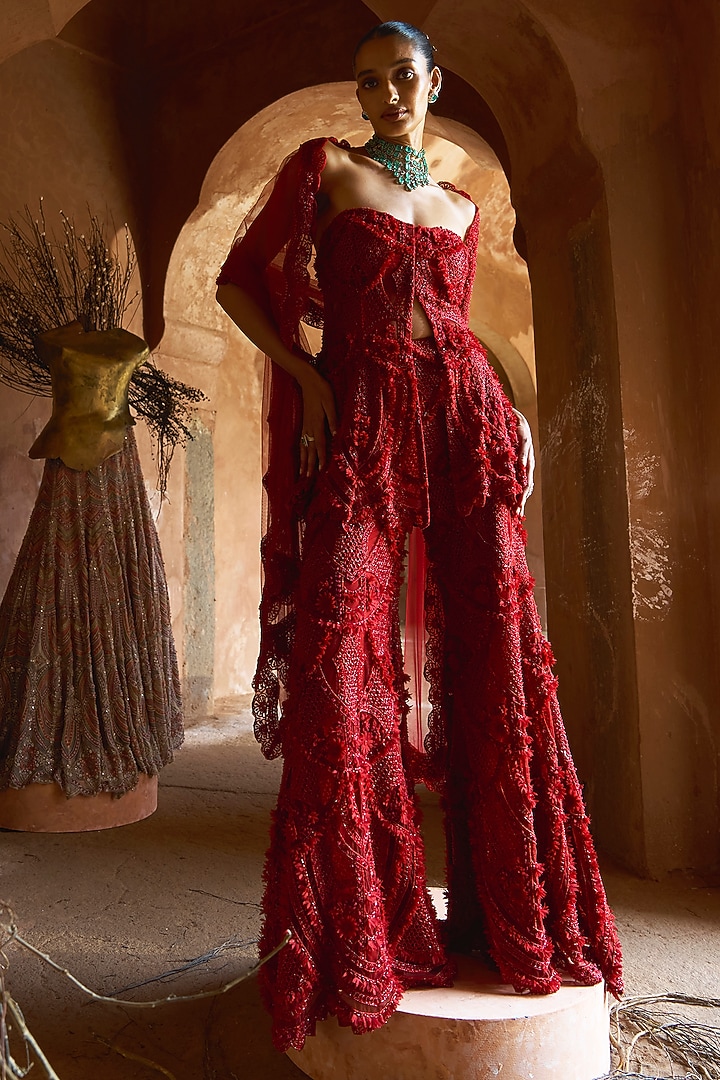 Red Net Bridal Sharara Set by Ridhima Bhasin at Pernia's Pop Up Shop