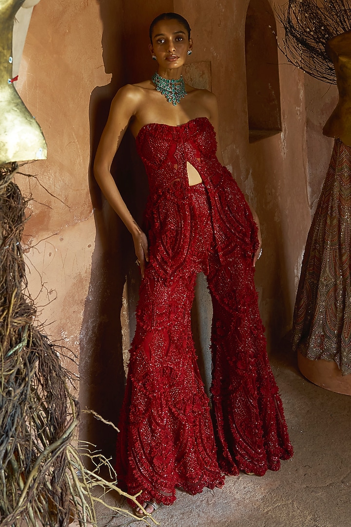 Red Net Bridal Sharara Set by Ridhima Bhasin at Pernia's Pop Up Shop