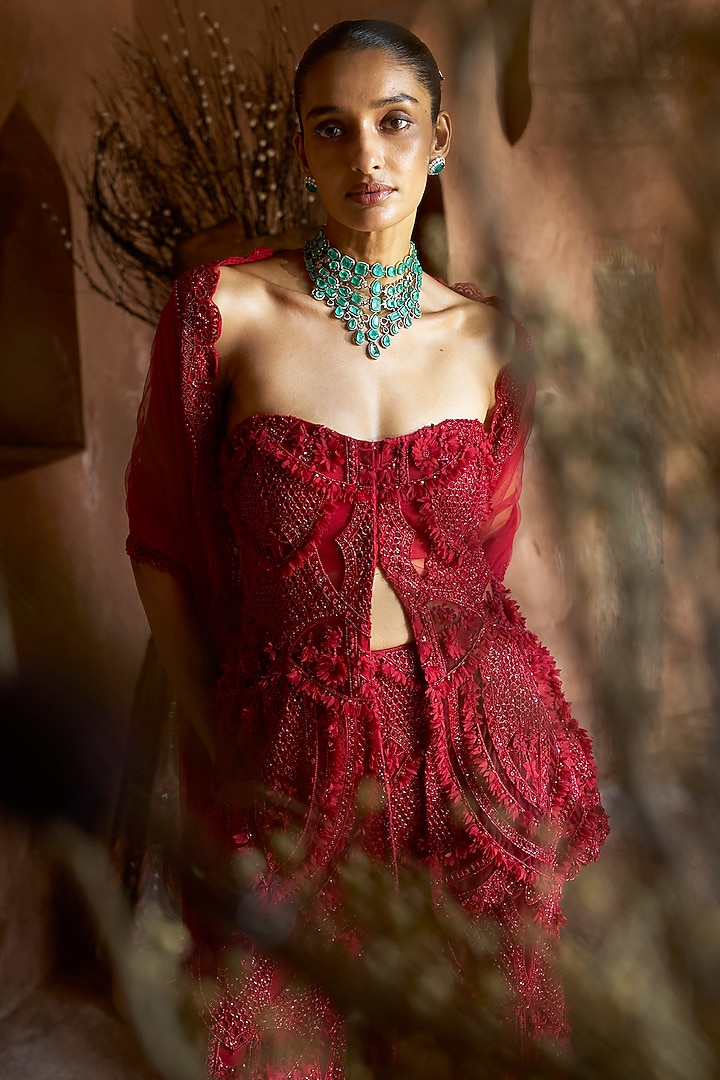 Red Net Bridal Sharara Set by Ridhima Bhasin at Pernia's Pop Up Shop