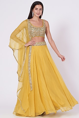 Sunshine Yellow Organza Layered Lehenga by Ridhima Bhasin
