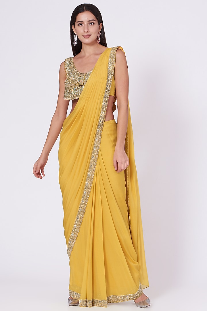 Sunshine Yellow Embroidered Pre-Draped Saree Set by Ridhima Bhasin