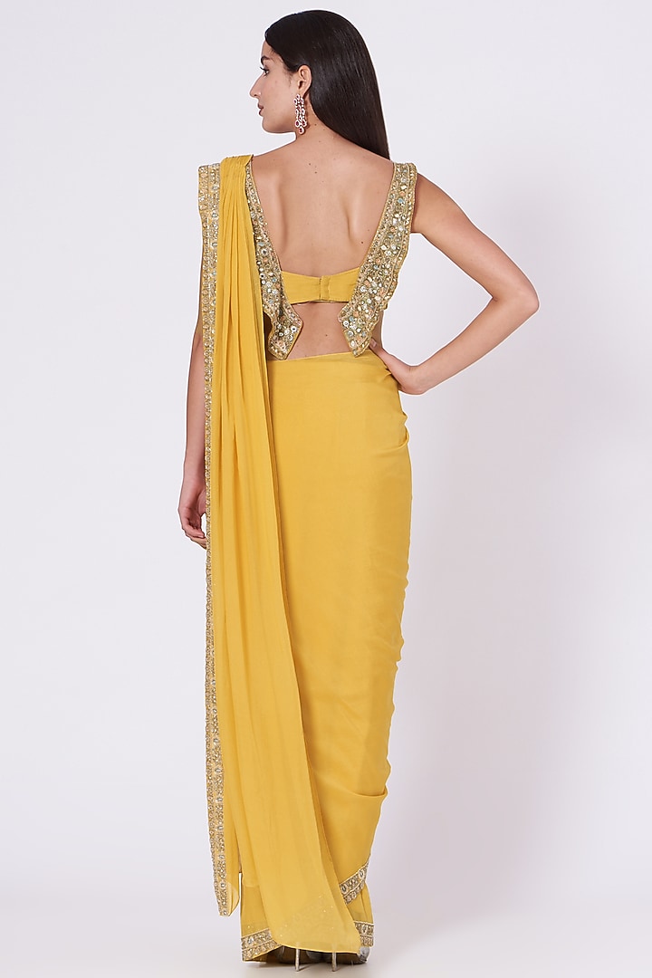 Sunshine Yellow Embroidered Pre-Draped Wedding Saree Set by Ridhima Bhasin at Pernia's Pop Up Shop