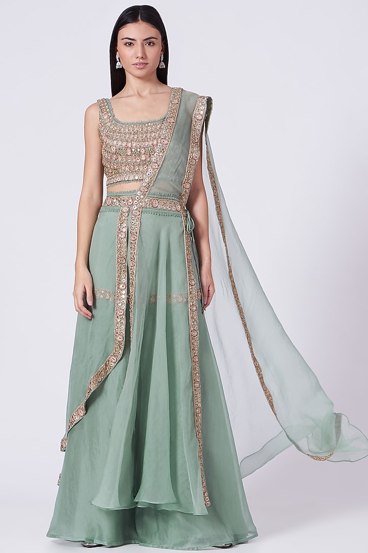 Aqua Blue Chiffon Mirror Embroidered High-Waist Sharara Wedding Saree Set by Ridhima Bhasin at Pernia's Pop Up Shop
