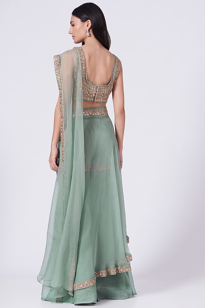 Aqua Blue Chiffon Mirror Embroidered High-Waist Sharara Wedding Saree Set by Ridhima Bhasin at Pernia's Pop Up Shop