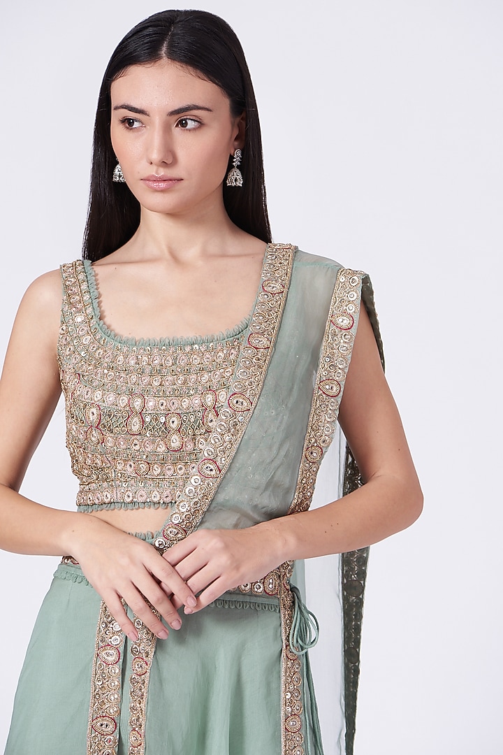 Aqua Blue Chiffon Mirror Embroidered High-Waist Sharara Wedding Saree Set by Ridhima Bhasin at Pernia's Pop Up Shop
