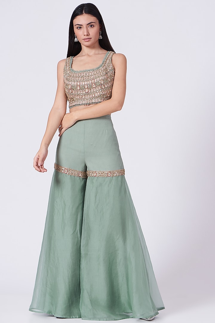 Aqua Blue Chiffon Mirror Embroidered High-Waist Sharara Wedding Saree Set by Ridhima Bhasin at Pernia's Pop Up Shop