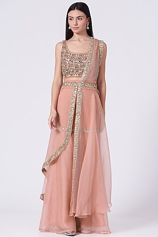 Peach Embroidered High-Waisted Sharara Saree Set by Ridhima Bhasin