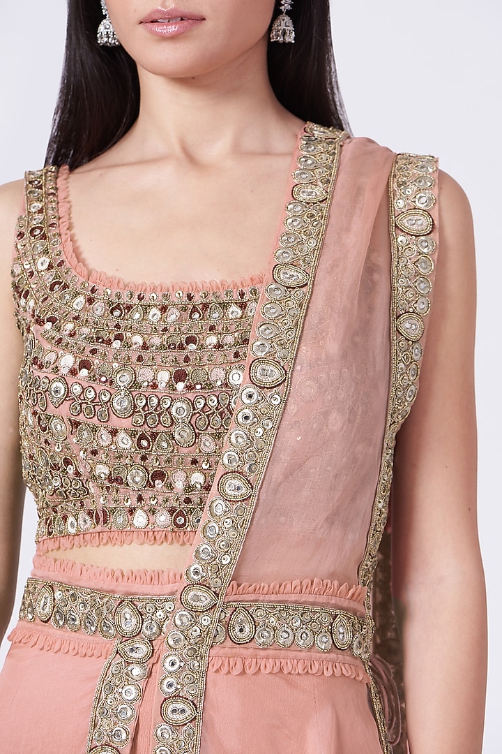 Peach Embroidered High-Waisted Sharara Wedding Saree Set by Ridhima Bhasin at Pernia's Pop Up Shop