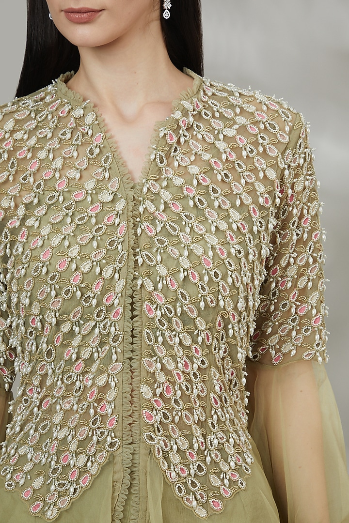 Sage Green Organza Wedding Sharara Set by Ridhima Bhasin at Pernia's Pop Up Shop