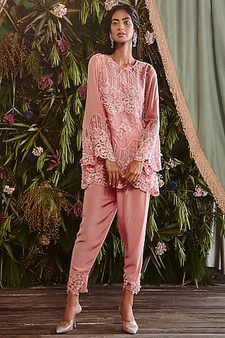 Candy Pink Embroidered Kurta Set by Ridhima Bhasin