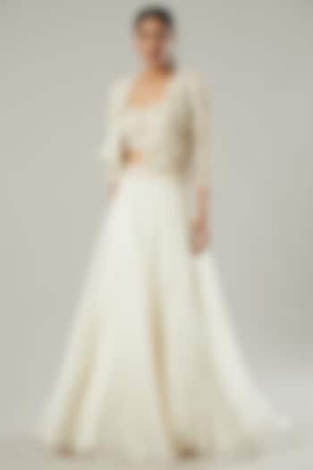 White Embroidered Jacket Wedding Lehenga Set by Ridhima Bhasin at Pernia's Pop Up Shop