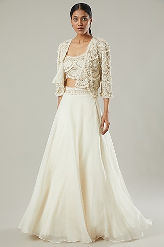 White Embroidered Jacket Lehenga Set by Ridhima Bhasin