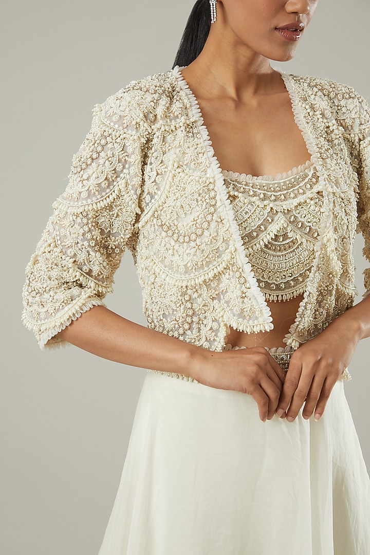 White Embroidered Jacket Wedding Lehenga Set by Ridhima Bhasin at Pernia's Pop Up Shop