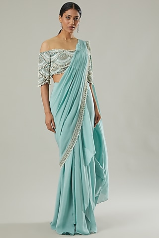 Sky Blue Chiffon & Tulle Pre-Draped Saree Set by Ridhima Bhasin