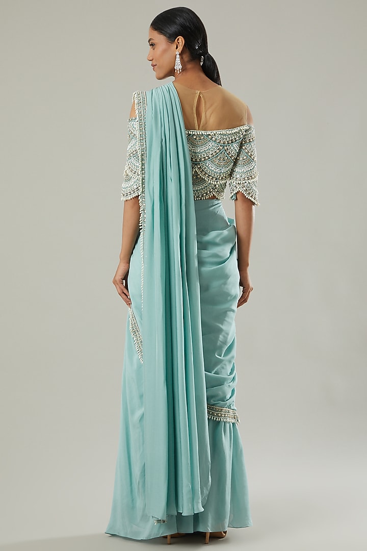 Sky Blue Chiffon & Tulle Pre-Draped Wedding Saree Set by Ridhima Bhasin at Pernia's Pop Up Shop