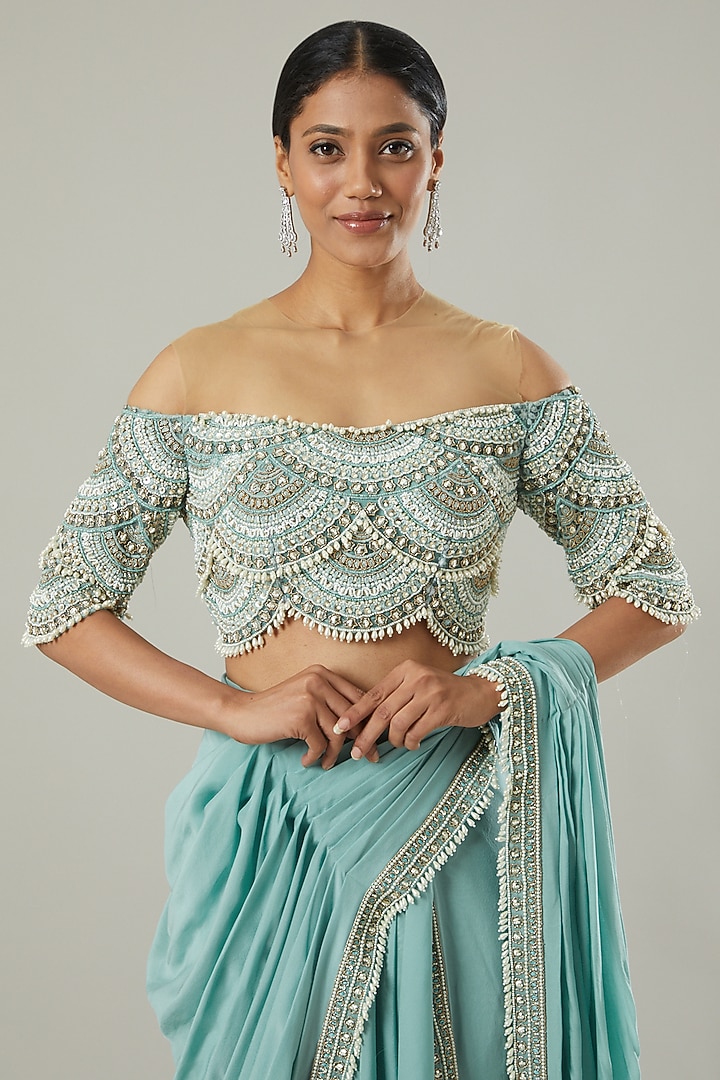 Sky Blue Chiffon & Tulle Pre-Draped Wedding Saree Set by Ridhima Bhasin at Pernia's Pop Up Shop