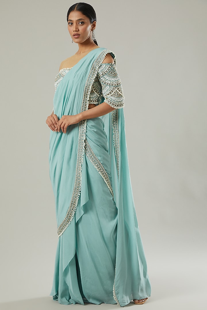 Sky Blue Chiffon & Tulle Pre-Draped Wedding Saree Set by Ridhima Bhasin at Pernia's Pop Up Shop