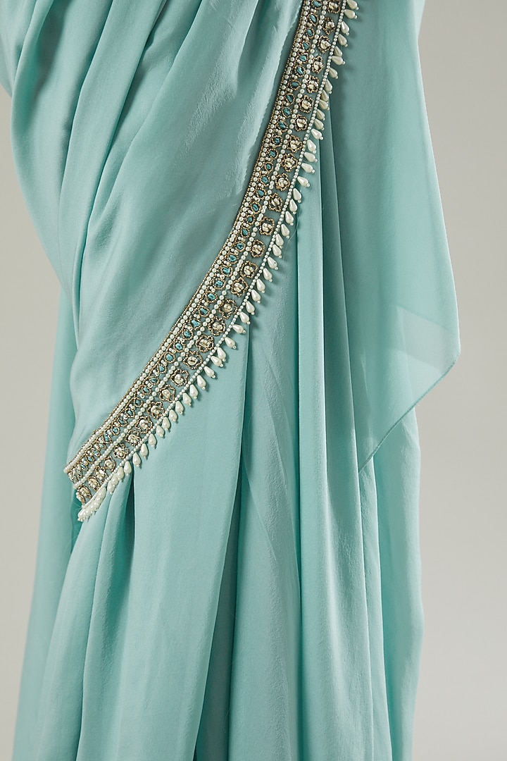 Sky Blue Chiffon & Tulle Pre-Draped Wedding Saree Set by Ridhima Bhasin at Pernia's Pop Up Shop