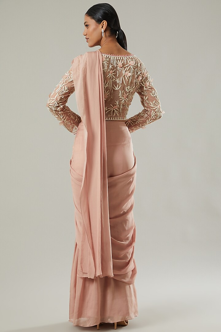 Blush Pink Chiffon Pre-Draped Wedding Saree Set by Ridhima Bhasin at Pernia's Pop Up Shop
