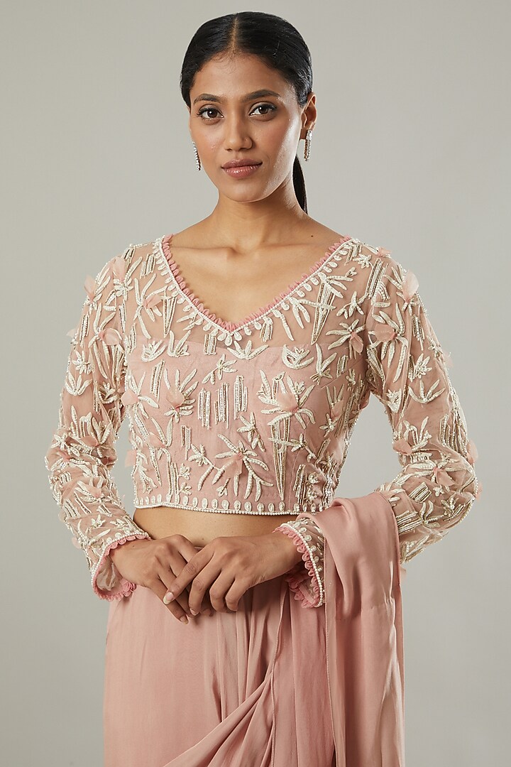 Blush Pink Chiffon Pre-Draped Wedding Saree Set by Ridhima Bhasin at Pernia's Pop Up Shop