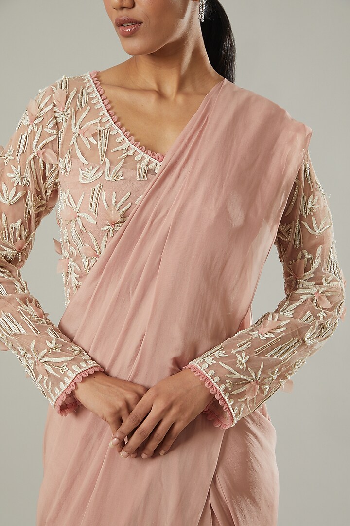 Blush Pink Chiffon Pre-Draped Wedding Saree Set by Ridhima Bhasin at Pernia's Pop Up Shop