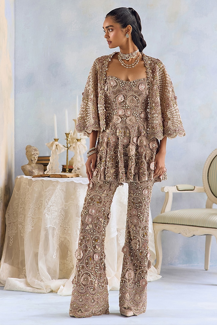 Nude Net 3D Embroidered Cape Set by Ridhima Bhasin at Pernia's Pop Up Shop
