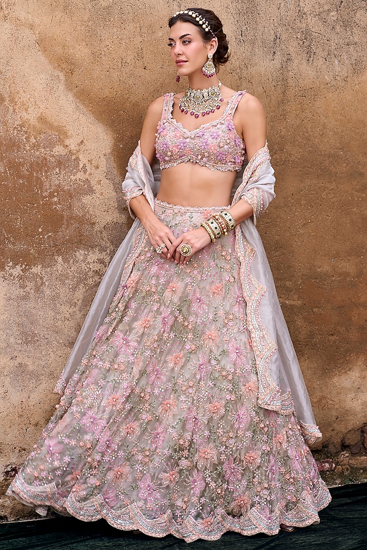 Multi-Colored Organza 3D Floral Hand Embroidered Bridal Lehenga Set by Ridhima Bhasin at Pernia's Pop Up Shop