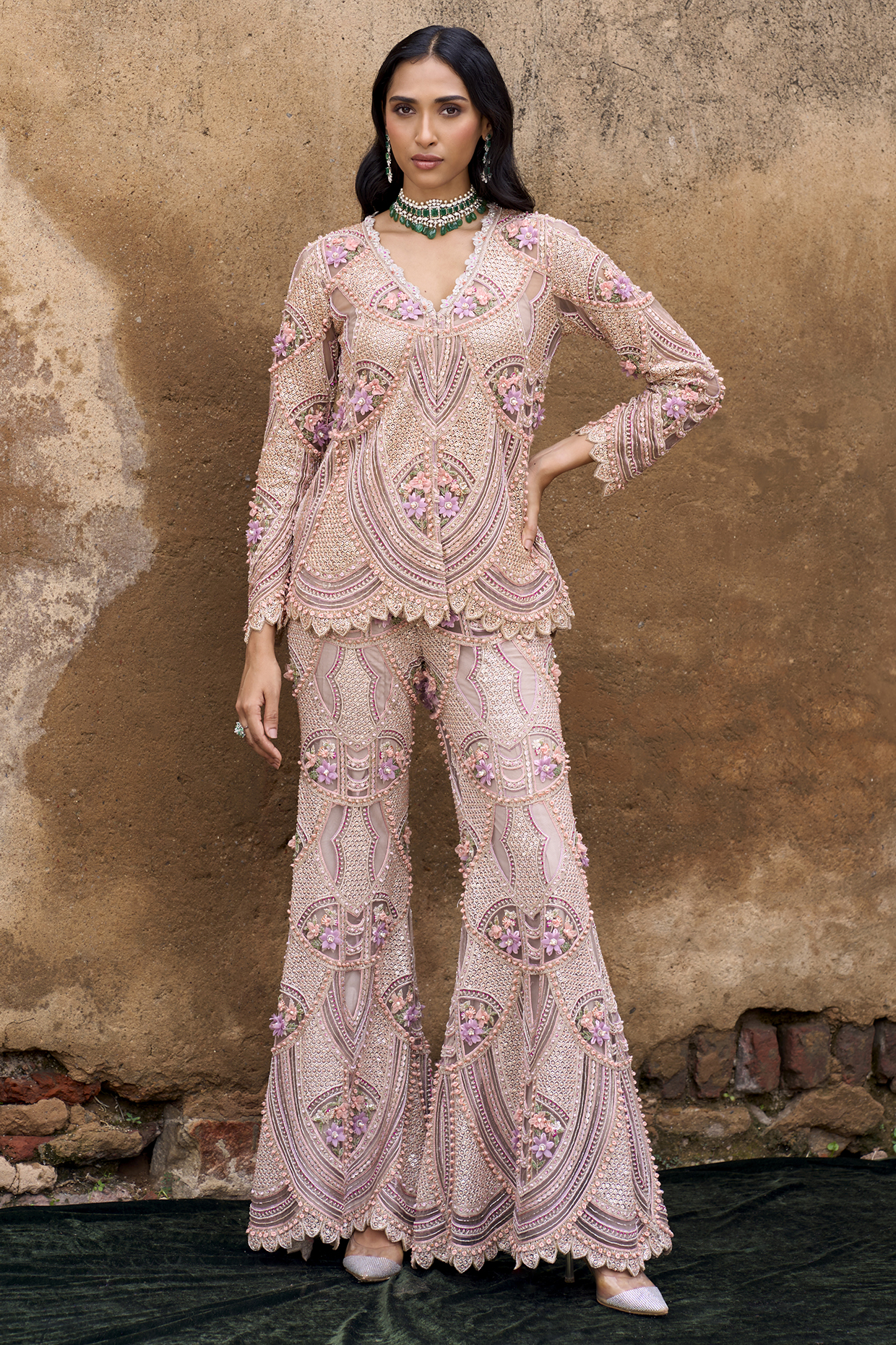 Multi-Colored Net 3D Floral Hand Embroidered Pant Set by Ridhima Bhasin at Pernia's Pop Up Shop