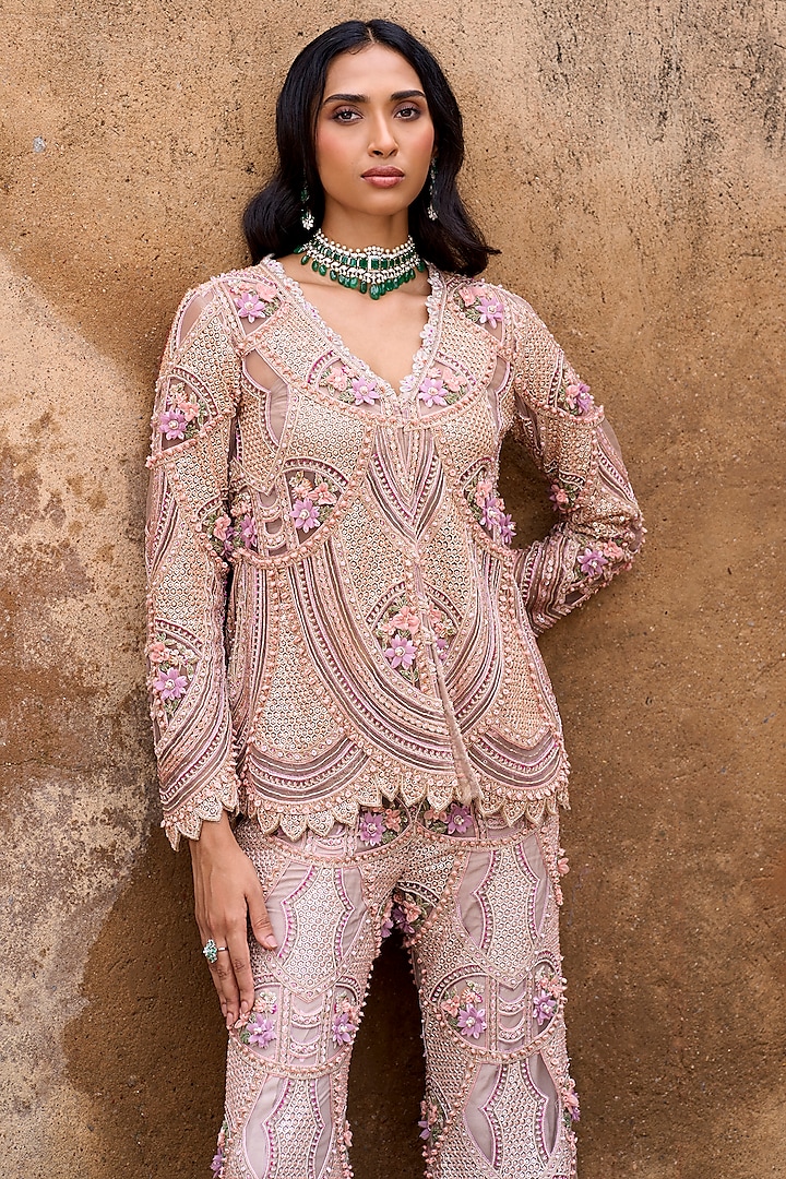 Multi-Colored Net 3D Floral Hand Embroidered Pant Set by Ridhima Bhasin at Pernia's Pop Up Shop