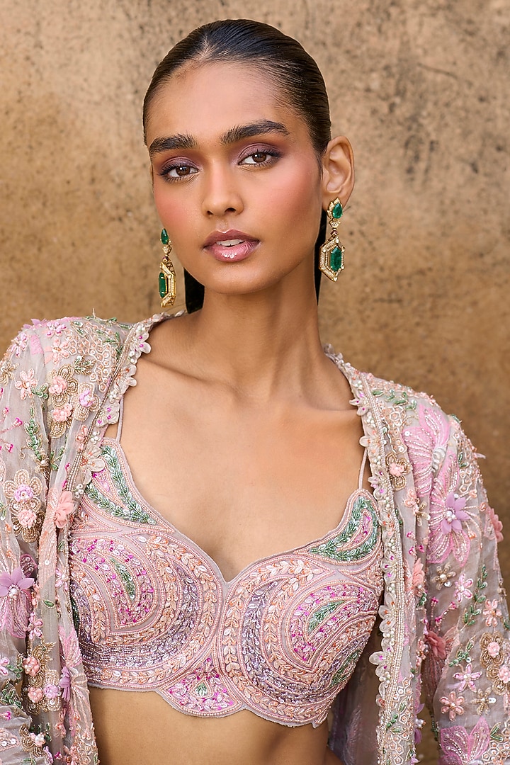 Multi-Colored Organza Foil Tissue 3D Floral Embellished Jacket Set by Ridhima Bhasin at Pernia's Pop Up Shop