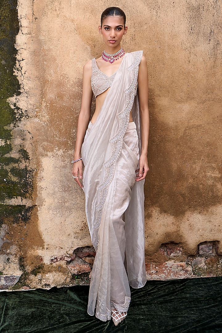 Gold Organza Foil Tissue Scalloped Embellished Draped Saree Set by Ridhima Bhasin at Pernia's Pop Up Shop