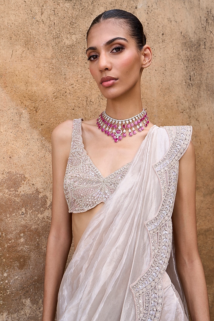 Gold Organza Foil Tissue Scalloped Embellished Draped Reception Saree Set by Ridhima Bhasin at Pernia's Pop Up Shop