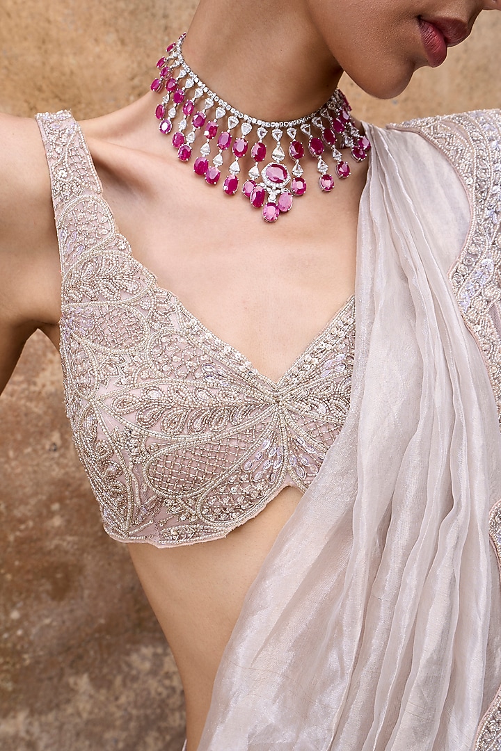 Gold Organza Foil Tissue Scalloped Embellished Draped Reception Saree Set by Ridhima Bhasin at Pernia's Pop Up Shop
