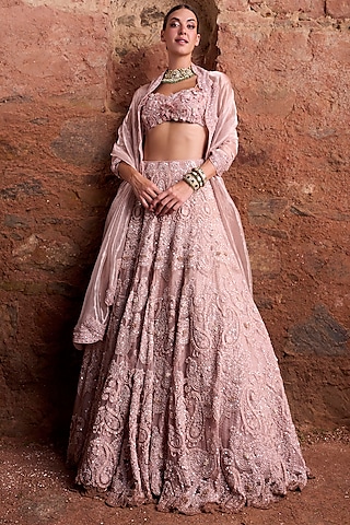 Blush Pink Organza & Tissue Floral Embroidered Lehenga Set by Ridhima Bhasin