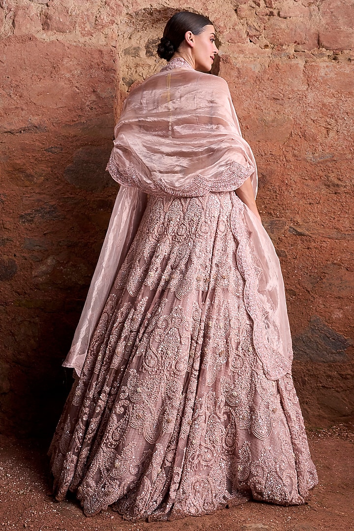 Blush Pink Organza & Tissue Floral Embroidered Bridal Lehenga Set by Ridhima Bhasin at Pernia's Pop Up Shop