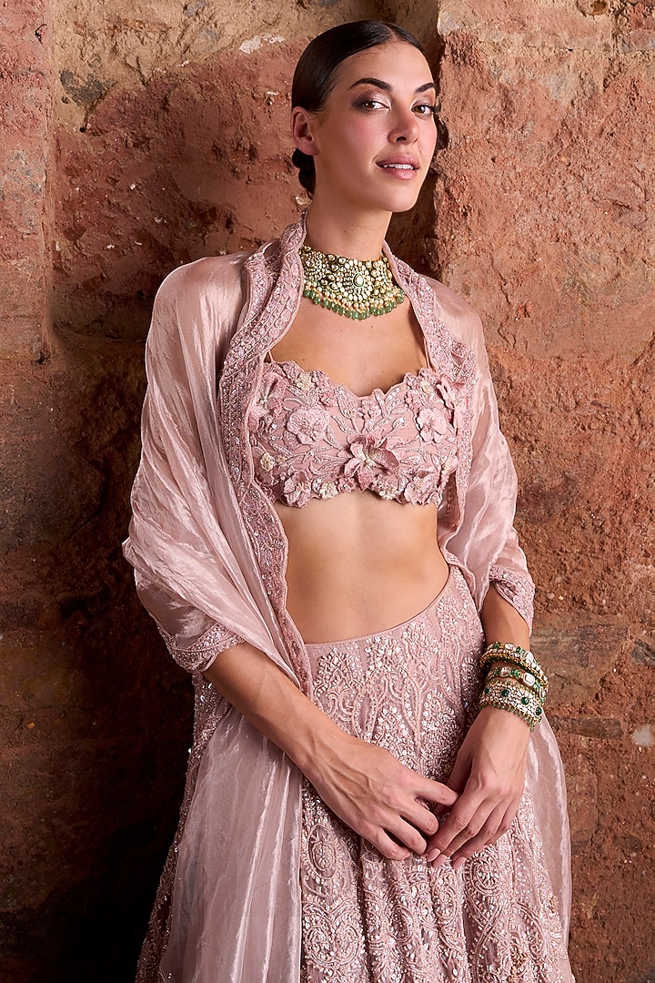 Blush Pink Organza & Tissue Floral Embroidered Bridal Lehenga Set by Ridhima Bhasin at Pernia's Pop Up Shop