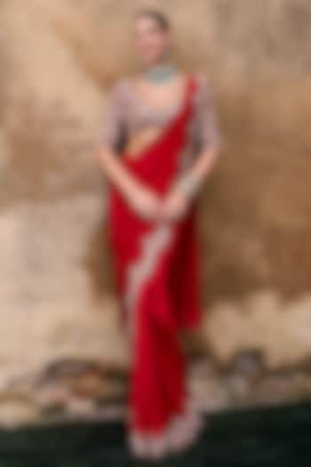 Red Flat Chiffon Scalloped Embroidered Pre-Draped Saree Set by Ridhima Bhasin at Pernia's Pop Up Shop