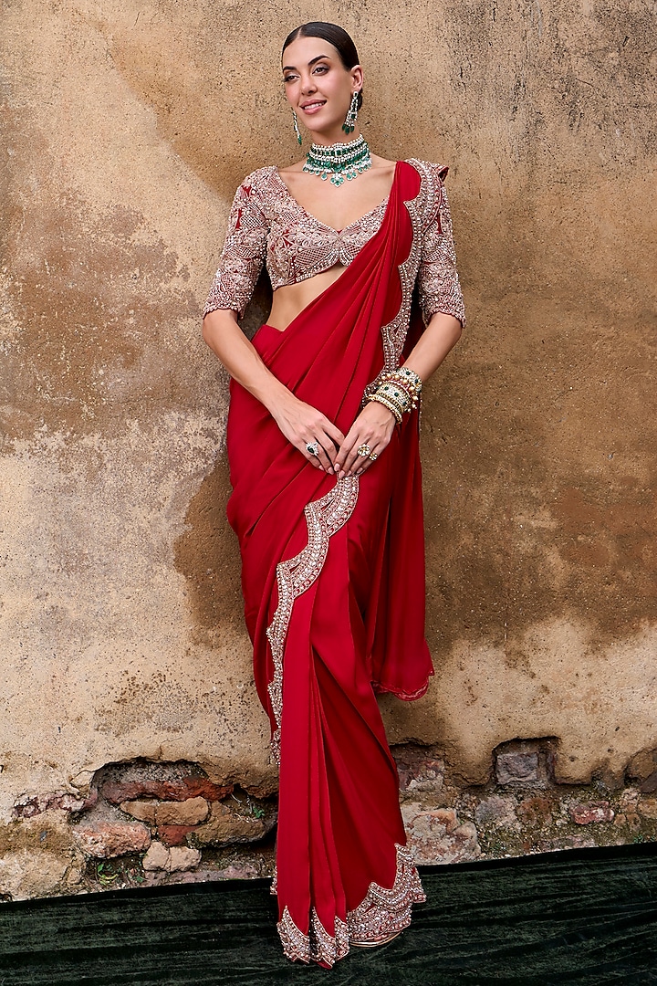 Red Flat Chiffon Scalloped Embroidered Pre-Draped Saree Set by Ridhima Bhasin at Pernia's Pop Up Shop