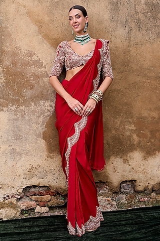 Red Flat Chiffon Scalloped Embroidered Pre-Draped Saree Set by Ridhima Bhasin