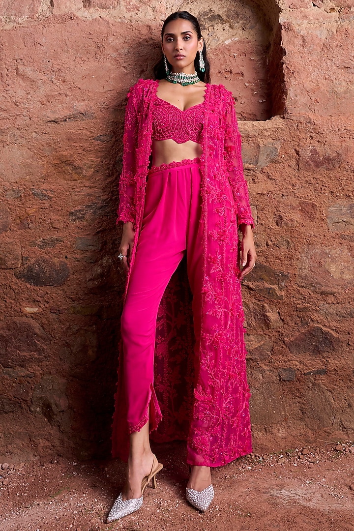 Fuchsia Organza 3D Floral Embroidered Jacket Set by Ridhima Bhasin at Pernia's Pop Up Shop