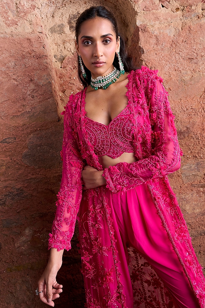 Fuchsia Organza 3D Floral Embroidered Jacket Set by Ridhima Bhasin at Pernia's Pop Up Shop