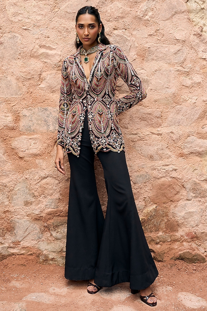 Black Organza & Net Scalloped Embroidered Blazer Set by Ridhima Bhasin at Pernia's Pop Up Shop