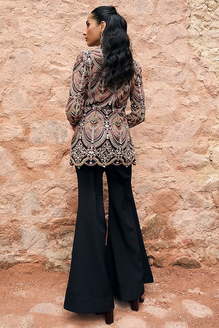 Black Organza & Net Scalloped Embroidered Blazer Set by Ridhima Bhasin at Pernia's Pop Up Shop